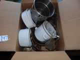 Box Lot Of Various Items: Casseroles, Copper Milk Pitcher, Stainless Steel Ice Bucket,