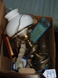 Box Lot Of Various Items: Vtg Brass Lamp, Porcelain Compote, Working Thermometer,