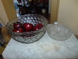 Vtg Heavy Glass Centerpiece Bowl Full Of Red Wooden Apples & A Smaller