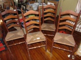 4 Vtg Solid Oak Ladderback Chairs W/ Rush Seats