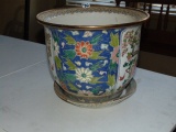 Large Vtg Oriental Pottery Planter W/ Detached Under Plate