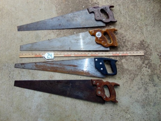 2 Vtg Disston D-23 Saws, Vtg K-mart Wood Handle Saw & A Stanley Saw
