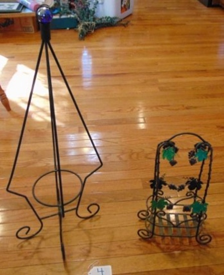 Wrought Iron Folding Plant Stand & A Wrought Iron Wine Bottle Holder