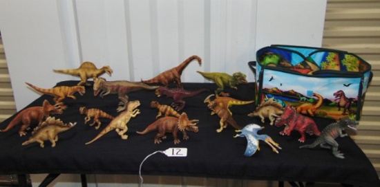 Lot Of 18 Toy Dinosaurs & A Dinosaur Themed Cloth Storage Box