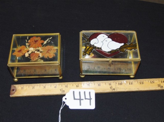 2 Vtg Glass & Brass Jewelry / Trinket Boxes