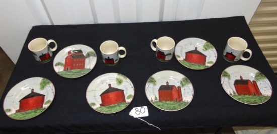 6 Stoneware Snack Plates & 4 Matching Coffee Mugs " Barns " Designed By