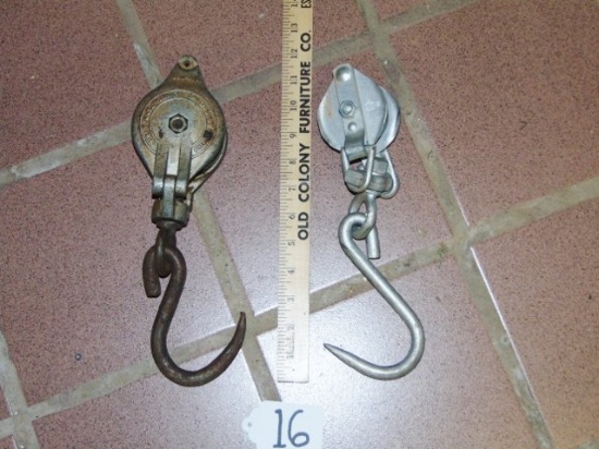 2 Farm / Industrial Pulleys W/ Hooks