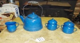 Blue W/ White Specks Enamelware Coffee Pot, 2 Sugar Bowls & Creamer