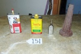 3 Vtg Oil Cans & A Vtg Spout For Old Service Station Oil Can ( Local Pick Up Only)
