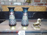 Matching Enameled Solid Brass Vases & Solid Brass Unicorn