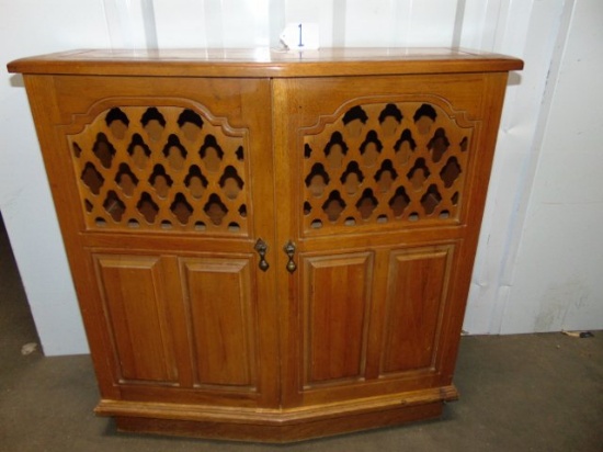 Vtg Solid Oak Hall Table W/ Cabinet & Shelves