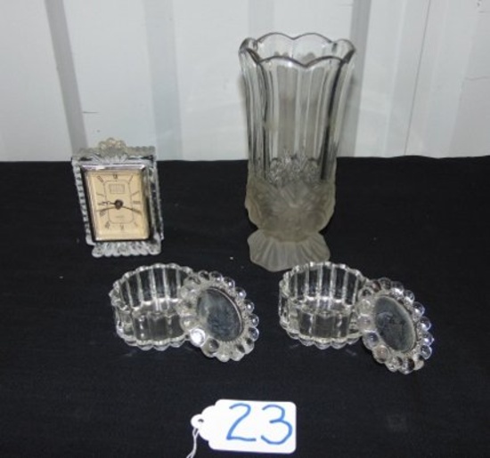 2 Lead Crystal Boopie Glass Trinket Boxes, Lead Crystal Clock & Frosted Lead