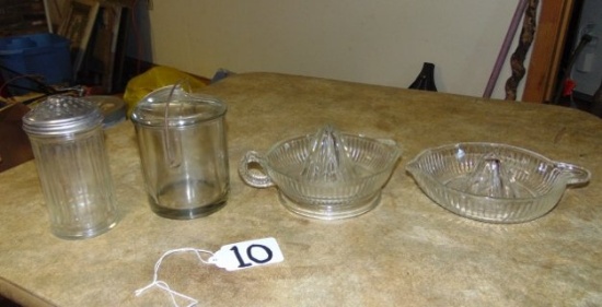 Vtg Glass Lot: 2 Juicers, Shaker & Heavy Glass Clamp Lid Jar