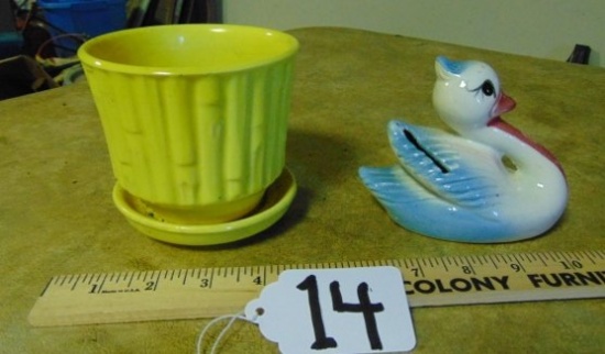 Vtg Mccoy Pottery Planter & A Vtg Pottery Swan Bank