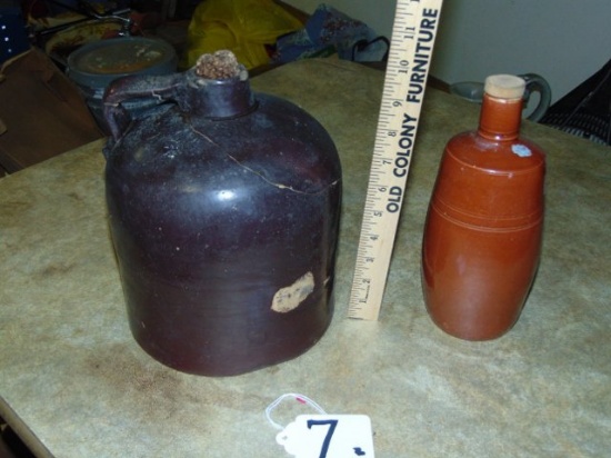 Antique Pottery Moonshine Jug W/ Corn Cob Stopper & A Quart Pottery