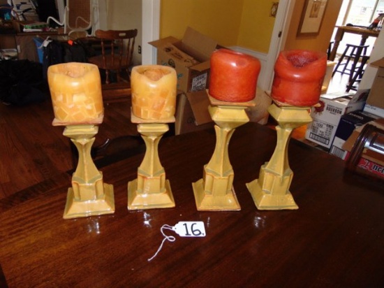 4 Matching Ceramic Pillar Candle Holders W/ Candles