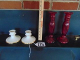 Pair Of Pickard China Porcelain Candle Holders & A Pair Of Ruby Red Flash Glass