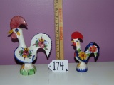 2 Hand Painted Ceramic Roosters Made In Portugal