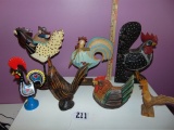 Lot Of 7 Carved Wood Roosters