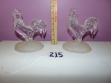 Pair Of Crystal Glass Roosters
