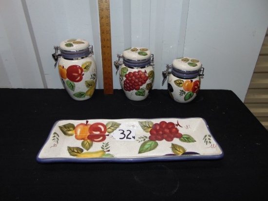Oneida " Vintage Fruit " Clamp Top Kitchen Canisters & Tray