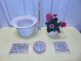 Home D?Cor Lot: Wicker Planter, Ceramic Planter W/ Faux Flowers & 3 Small