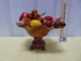 Vtg Pedestal Fruit Bowl Filled W Faux Fruit, Berries & Nuts