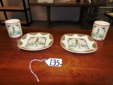 2 Porcelain Statue Of Liberty Snack Plates W/ Matching Mugs By M M A, Portugal
