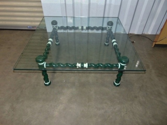 Square Glass Top W/ Wood Base Large Coffee Table (Local Pick Up Only)