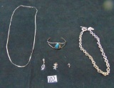 Sterling Silver Lot: 2 Necklaces, A Turquoise Bracelet & 3 Charms