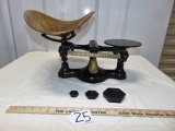 Antque Cast Iron W/ 3 Weights, Brass Pan & Balance Weight Jacobs Balance Scale
