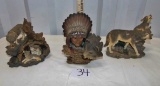 3 Native American / Wolf Themed Sculptures W/ Glass Eyes