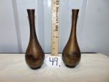 2 Solid Brass Bud Vases W/ Japanese Mountain Etchings