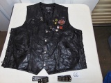 Black Buffalo Leather Harley Davidson Themed Vest & Studded Leather Wristbands Size X X X L