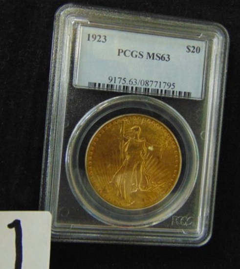 1923 St. Gaudens 20 Dollar Gold Coin PCGS Graded M S 63