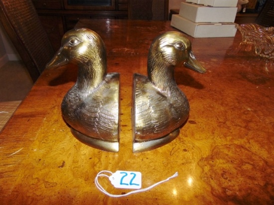 Vtg Solid Brass Duck Head Bookends