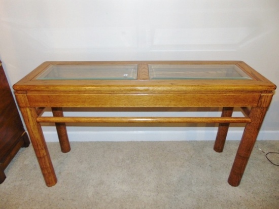 Vtg Solid Oak Hall / Sofa Table W/ Beveled Glass Top By Athens Furniture Co.