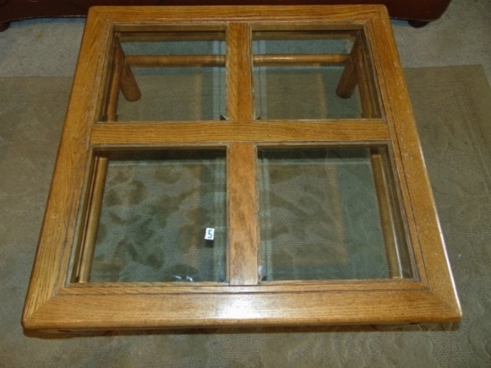 Vtg Solid Oak Coffee Table W/ Beveled Glass Top By Athens Furniture