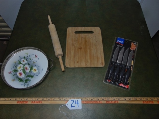 Kitchen Items: Double Handle Tray, Wooden Rolling Pin, Wooden Cutting Board &