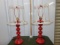 Matching Pair Of Red Metal Lamps W/ Skeleton Lamp Shades (LOCAL PICK UP ONLY)