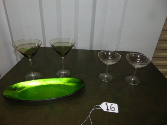 2 Olive Green Crystal Martini Glasses, 2 Chambord Glasses & A Green Metal