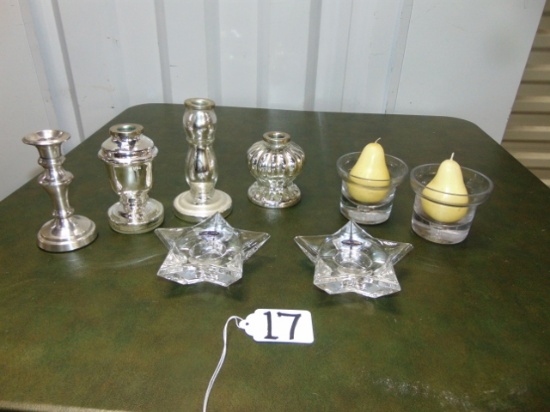 4 Silver Plated Candle Holders, 2 Glass Candle Holders W/ Pear Shaped Candles &