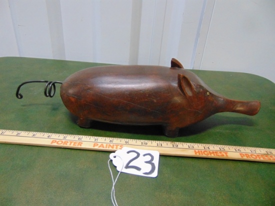 Vtg Hand Carved Solid Wood Mammal W/ Short Legfs, Curly Tail & Long Snout