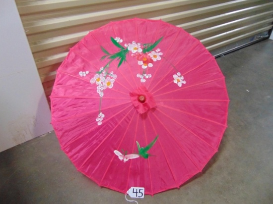 Oriental Hand Painted Silk Umbrella W/ Bamboo Handle & Ribs