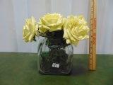 Cloth Faux Yellow Roses In A Nice Blown Glass Vase