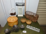 Home Decor Lot: Candle Holders, Dresser Display Curio, Baskets, Etc