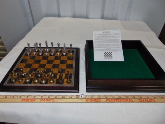 Cherry Wood Chess Board / Box W/ Siler Plate & Brass Chess Men