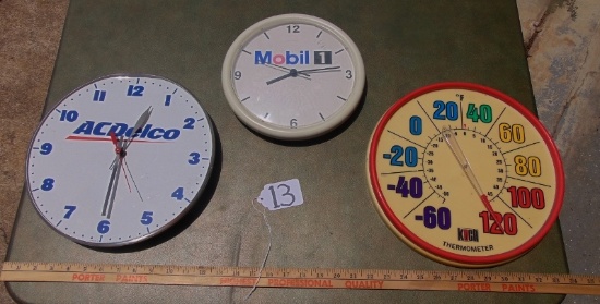 Advertising Lot: A C Delco & Mobile Battery Powered Clocks & A Koch Thermometer