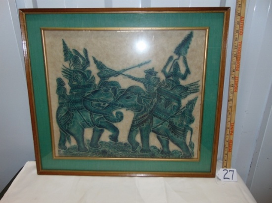 Vtg Hand Colored Engraved Art Of 2 Warriors Battling On Elephants