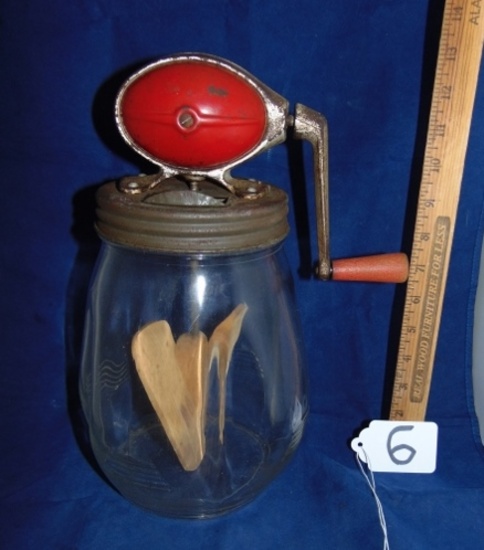 Vtg Dazey No. 4 Churm W/ Red Football Top & Tulip Glass & Wooden Paddles